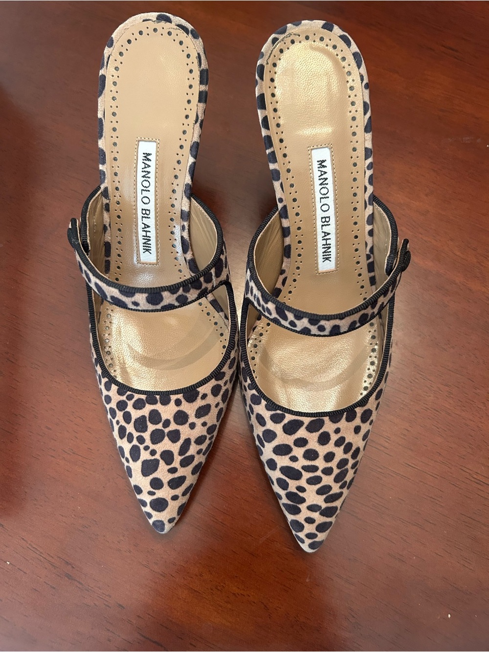 Manolo Blahnik Beige and Black Leopard-Print Pointed Mary Jane Mules